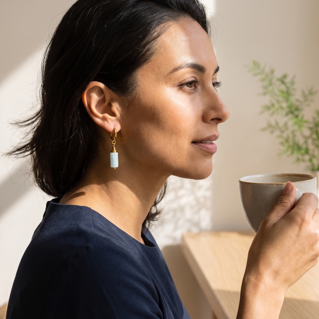 Boucles d'oreilles en aigue-marine portées de profil dans une scène de vie lumineuse