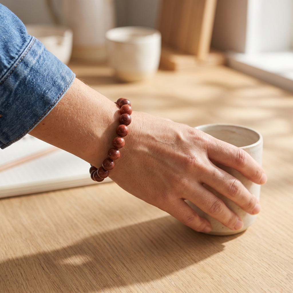 Bracelet rouge brun porté avec une tenue en denim dans une scène quotidienne lumineuse
