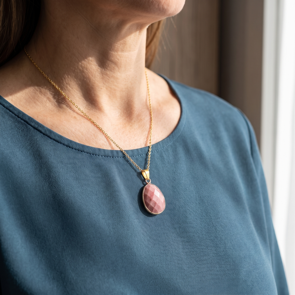 Pendentif en rhodonite porté sur un haut bleu profond dans une scène lumineuse