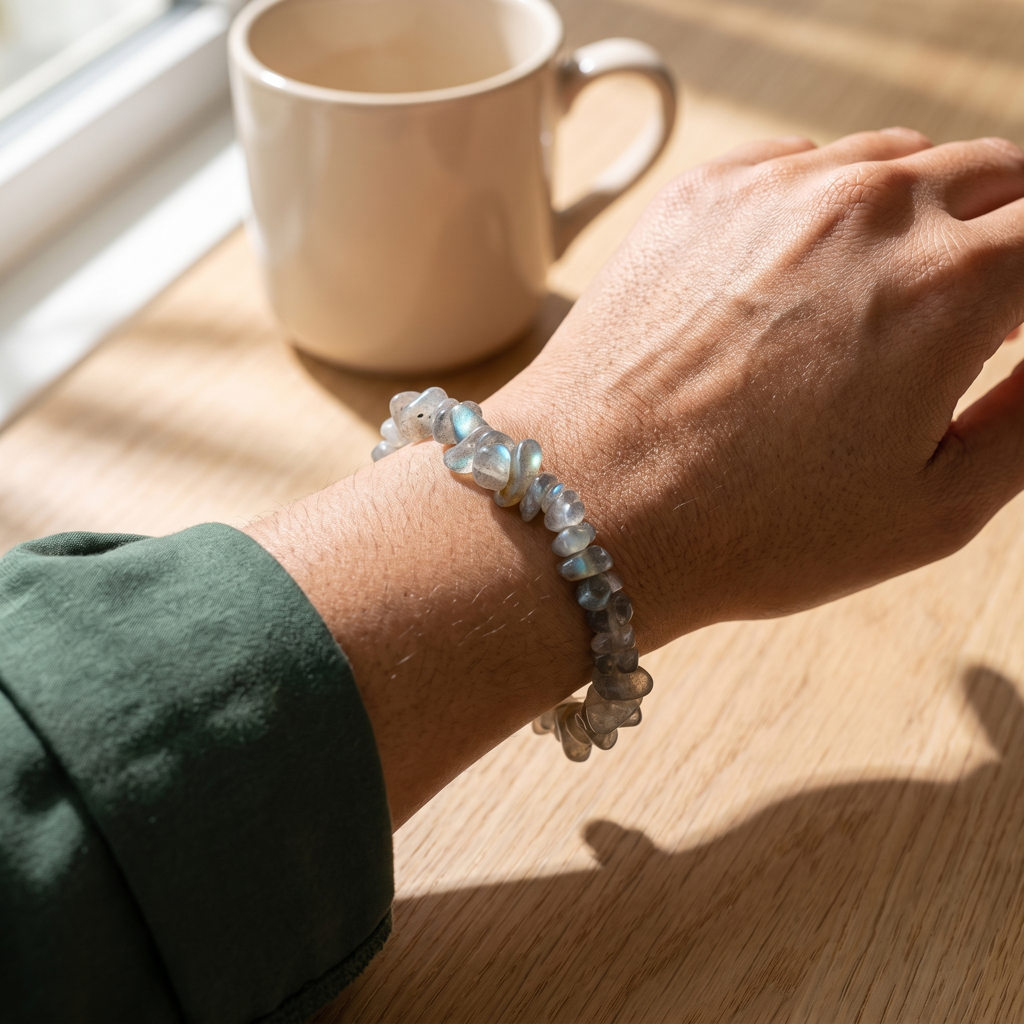 Bracelet en labradorite porté avec une tenue vert forêt dans une scène lumineuse