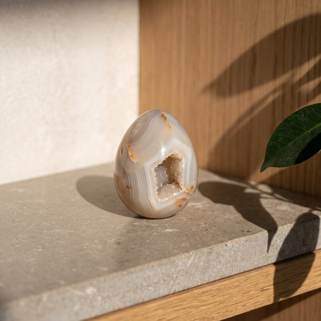 Œuf en agate de 30 à 40 mm présenté sur une étagère en bois dans une pièce lumineuse