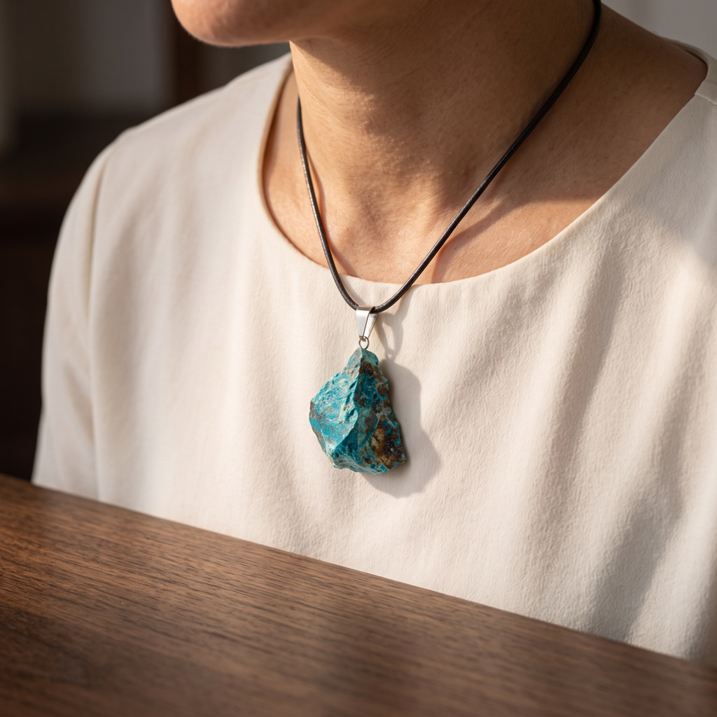 Pendentif en chrysocolle brute porté dans une scène de vie sur un vêtement clair
