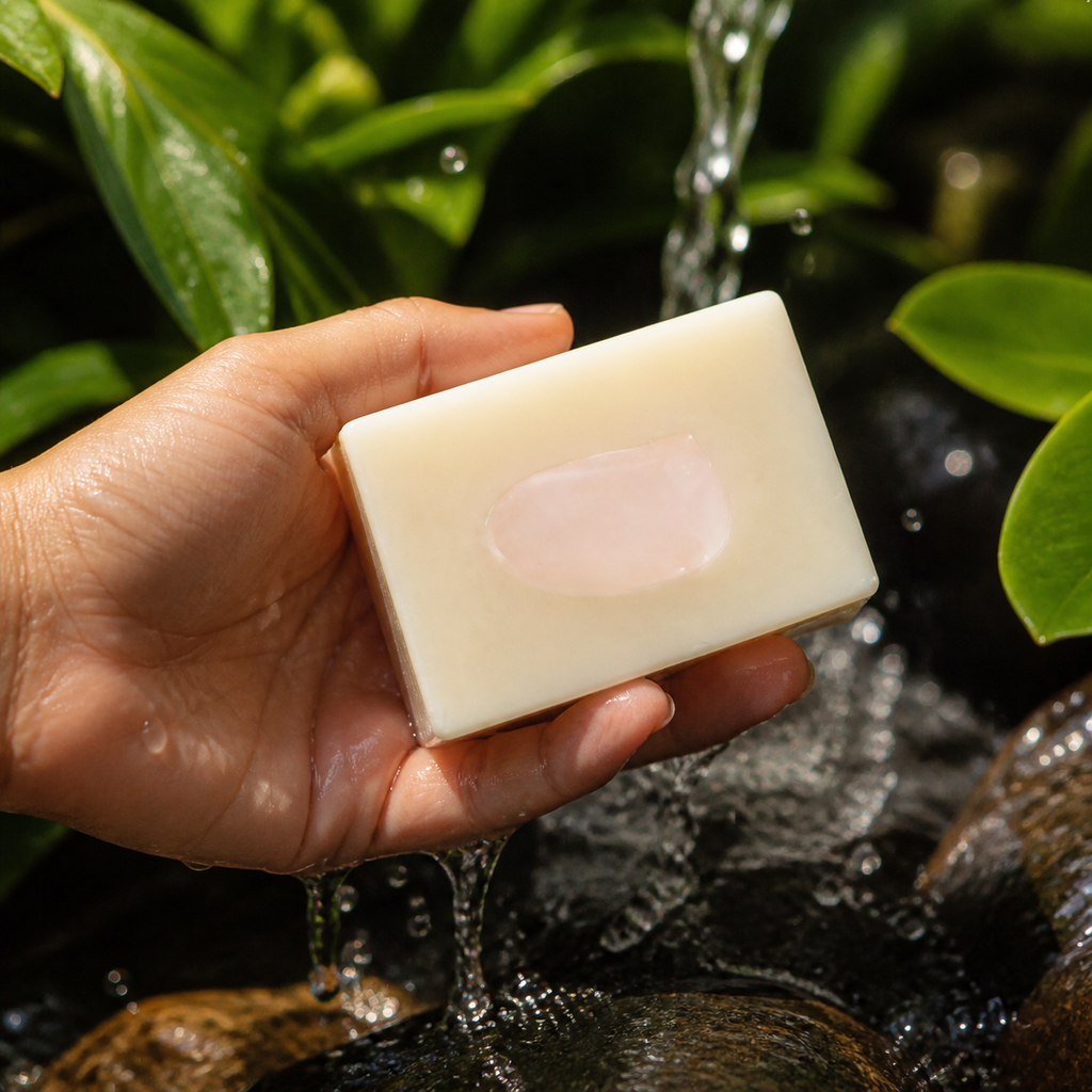 Savon à l'argan tenu en main près de l’eau
