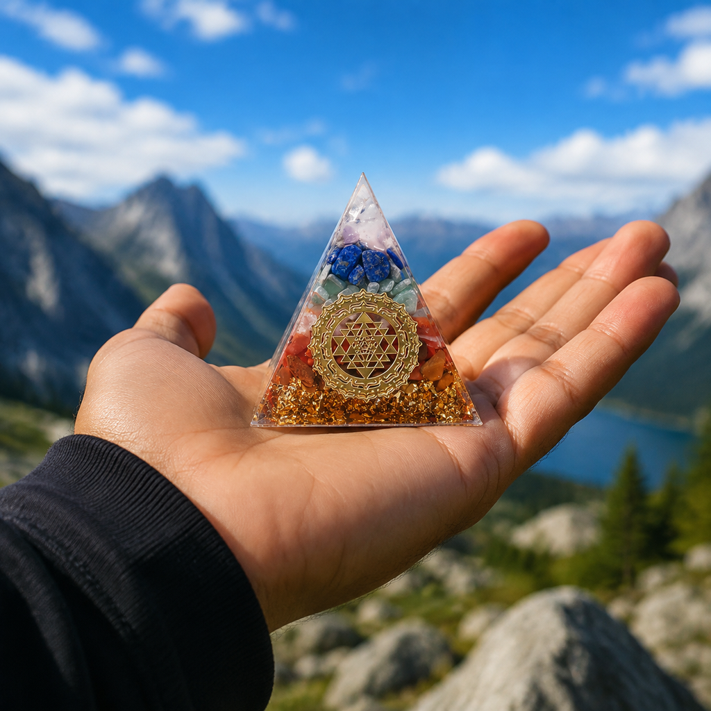 Orgonite 7 chakras posée dans une main devant un paysage