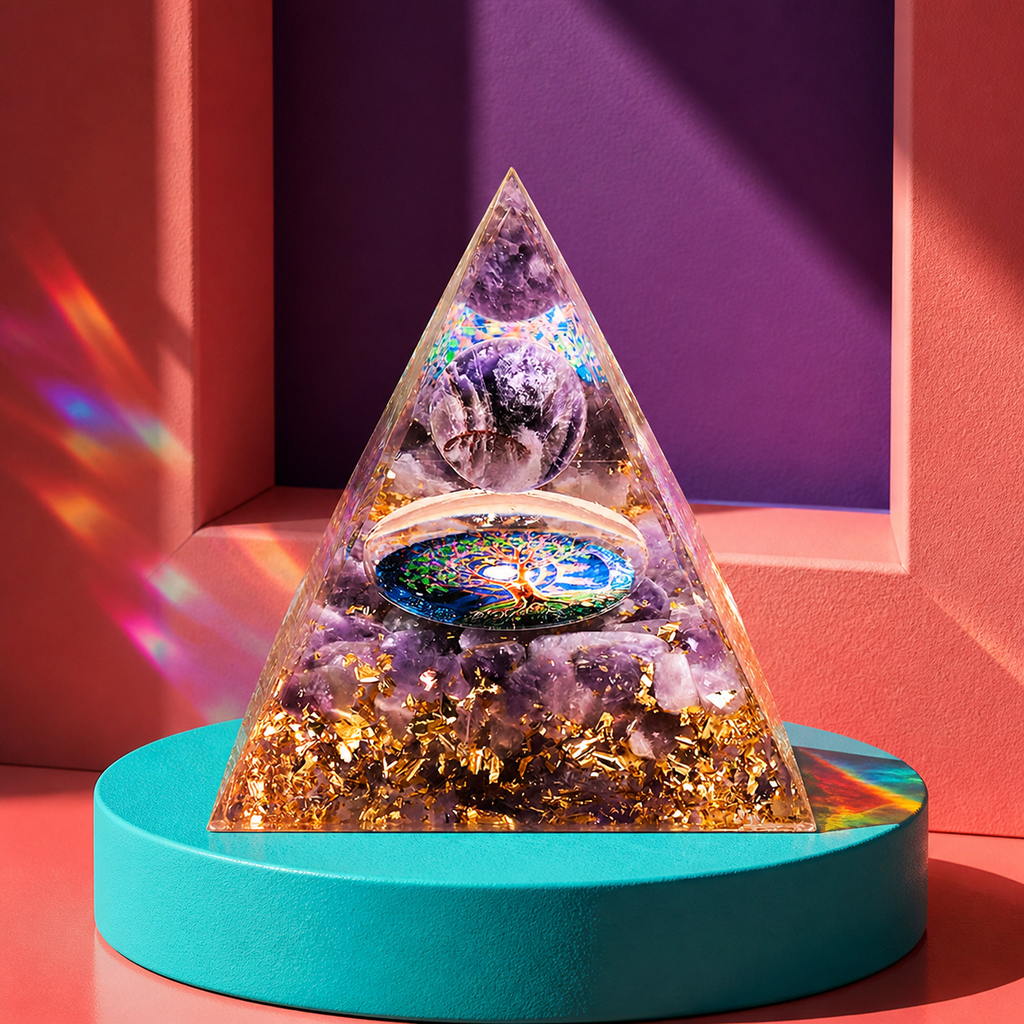 Orgonite pyramide Arbre de Vie en améthyste - 60 mm dans un contexte vivant et contrasté