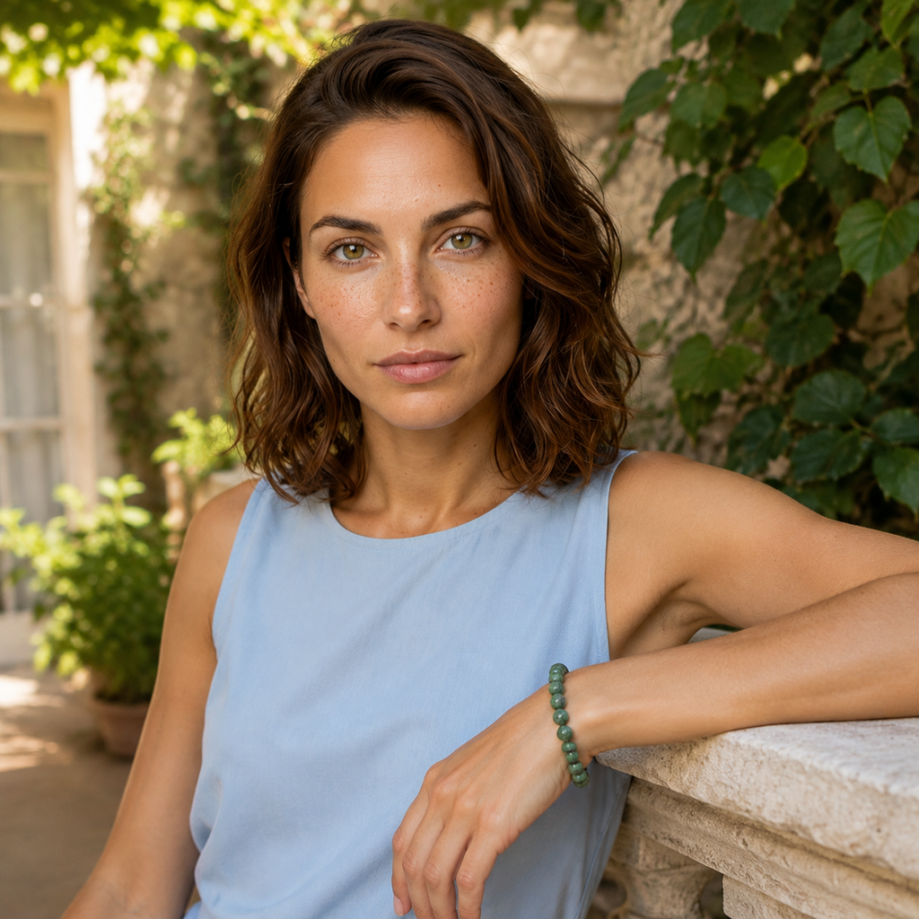 Bracelet en zoïsite - Perles de 10 mm porté dans une scène de vie en lumière naturelle