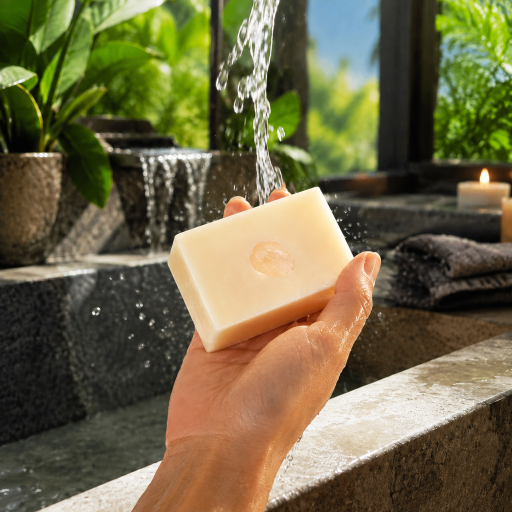Savon rose tenu sous un filet d’eau dans une salle de bains végétalisée