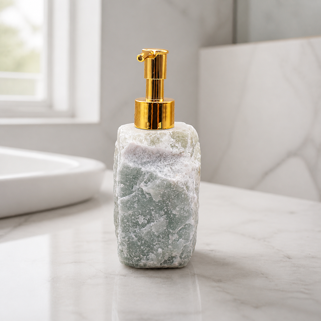 Distributeur de savon en aventurine verte brute - 100 à 150 mm dans un contexte vivant et contrasté