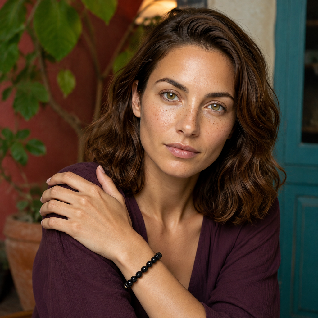 Bracelet en obsidienne noire au poignet, avec une blouse prune dans un intérieur végétalisé