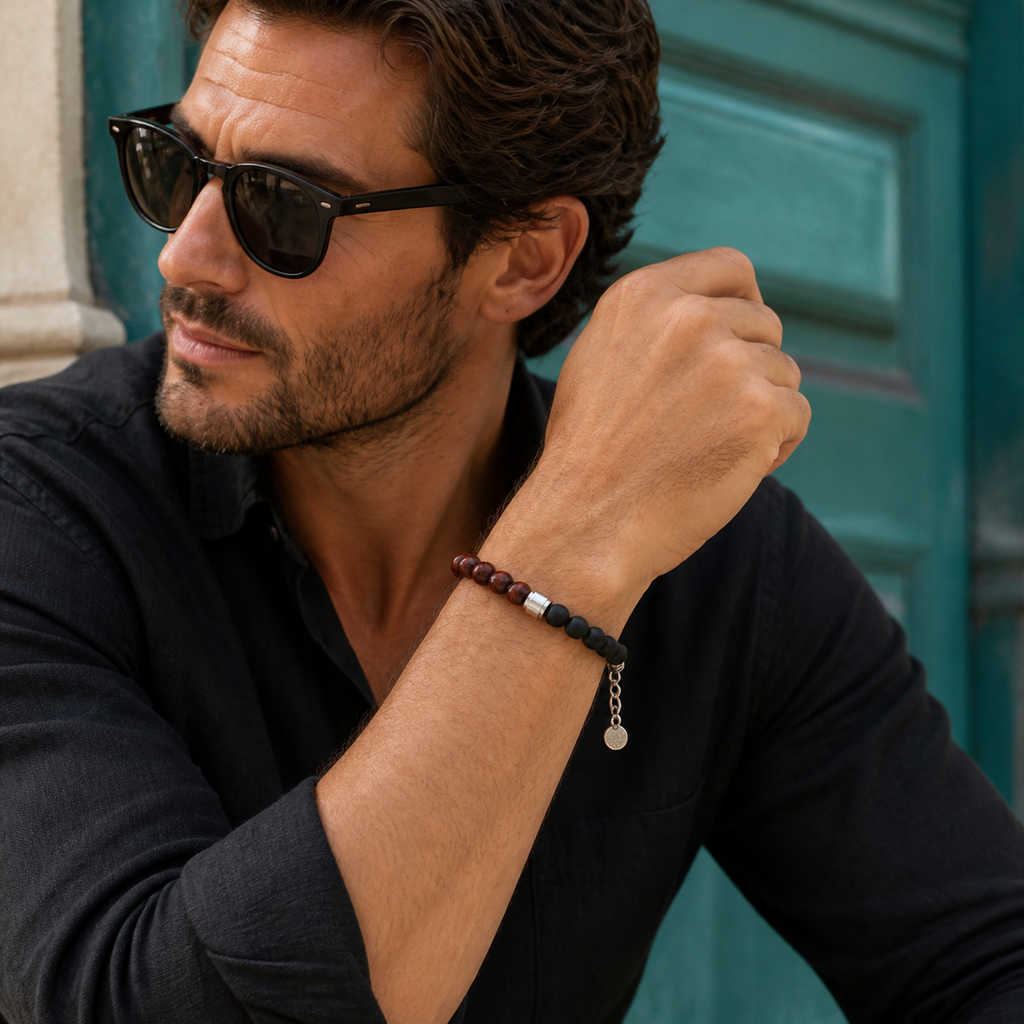 Bracelet Unys argenté en onyx et œil de taureau, porté dans une scène vive et contrastée