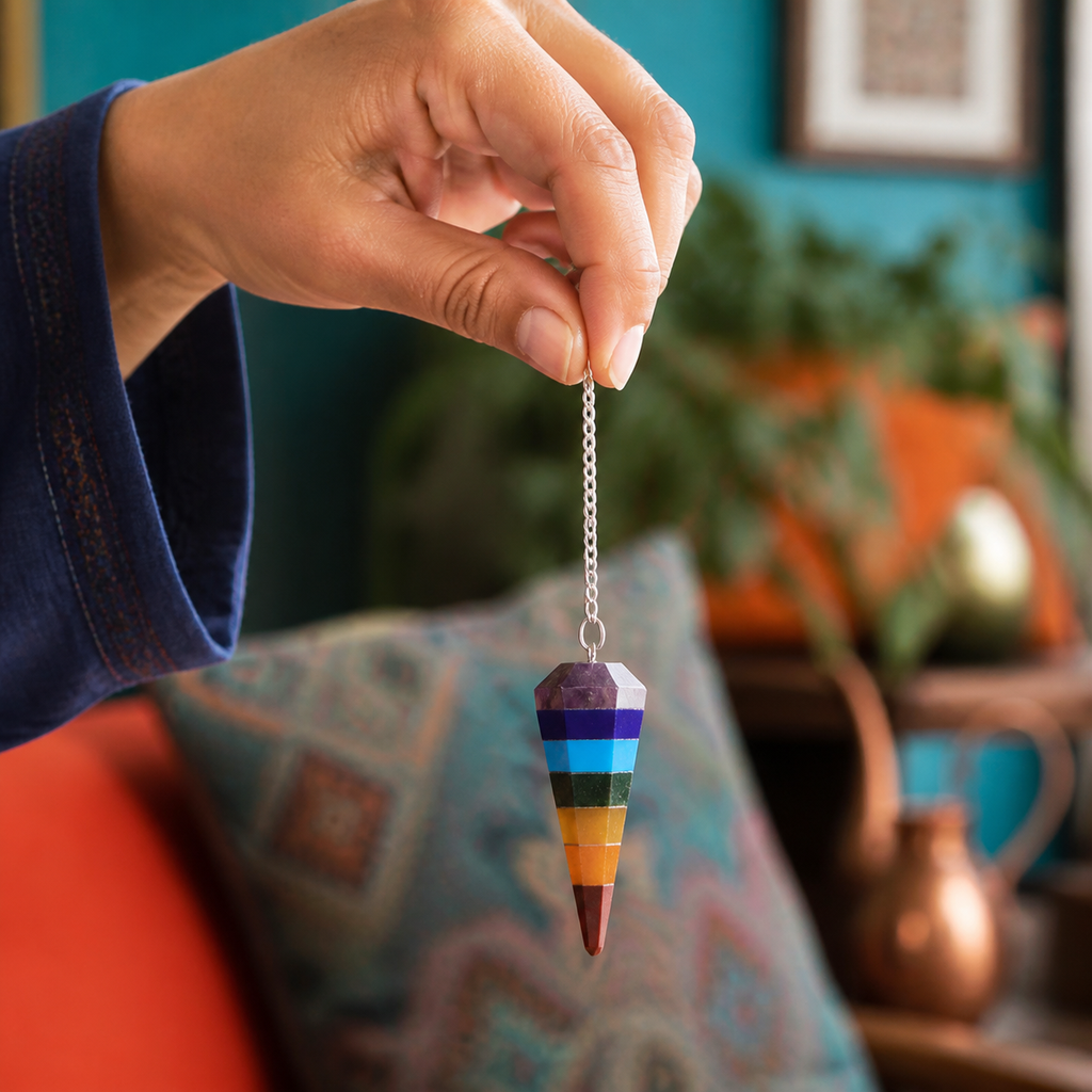 Pendule 7 chakras hexagonal avec améthyste dans un contexte vivant et contrasté