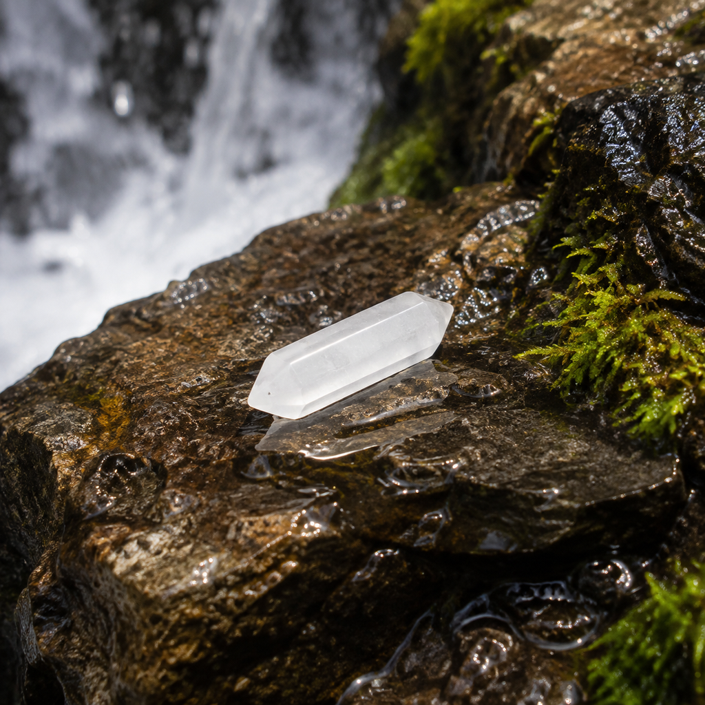Pointe en cristal de roche dans un décor naturel