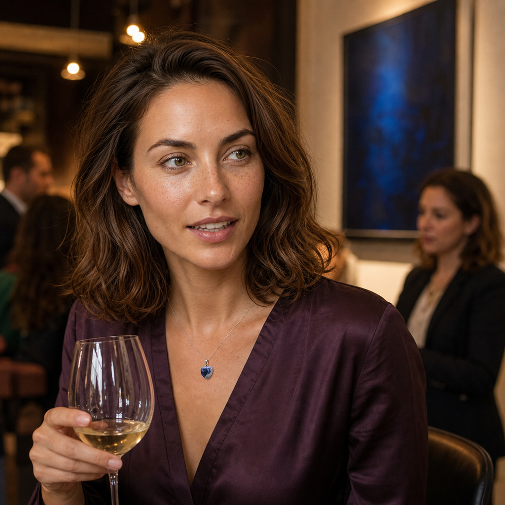 Chloé portant le pendentif sodalite dans un bar élégant