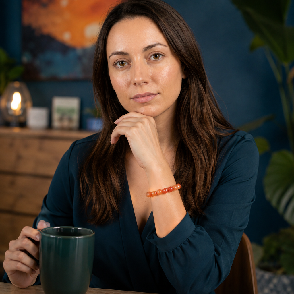 Bracelet en cornaline porté avec un haut bleu pétrole près d'une tasse