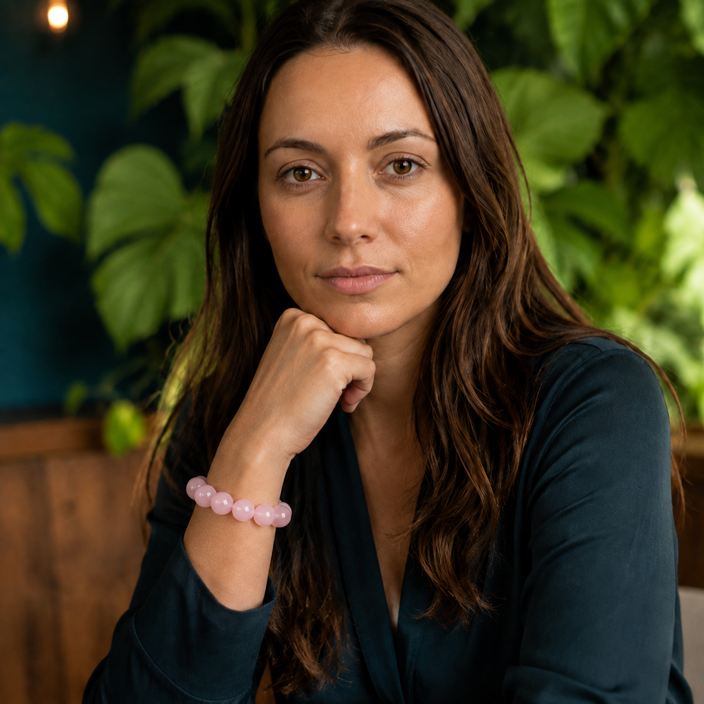 Bracelet en quartz rose au poignet, avec une blouse bleu pétrole dans un intérieur végétalisé