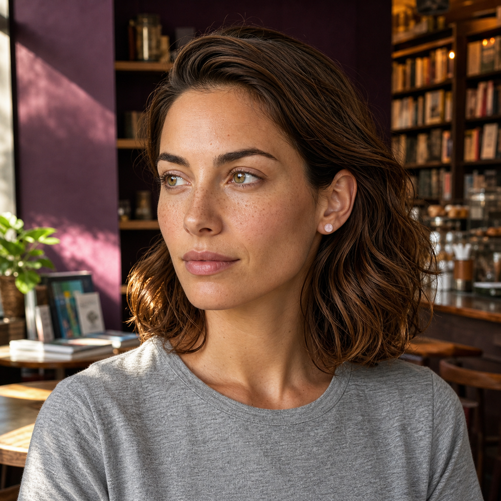 Chloé portant les boucles d'oreilles dans une scène de vie contrastée