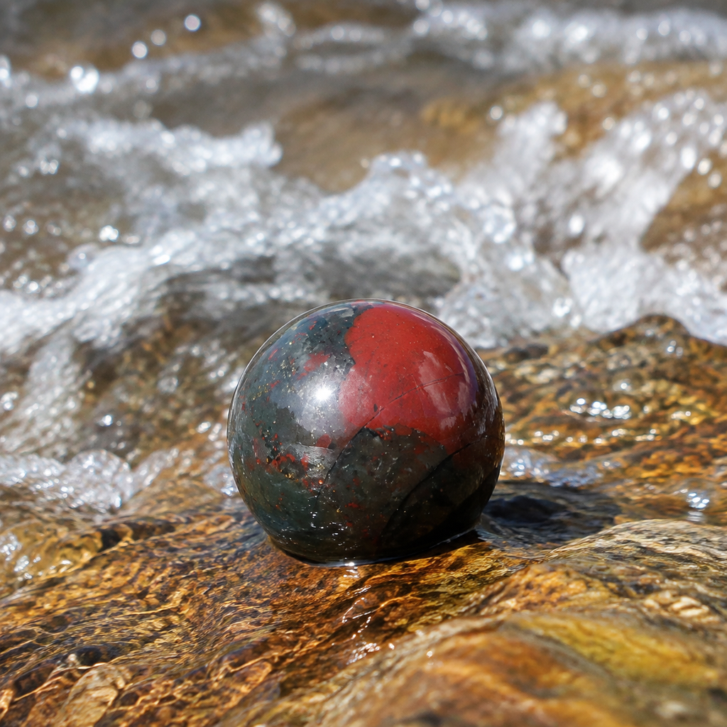 Sphère de jaspe héliotrope sur roche près de l’eau