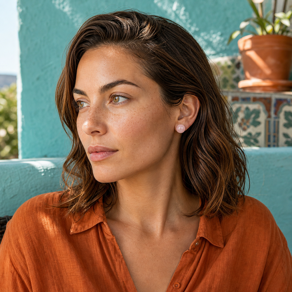 Chloé portant les boucles d'oreilles dans une scène de vie contrastée