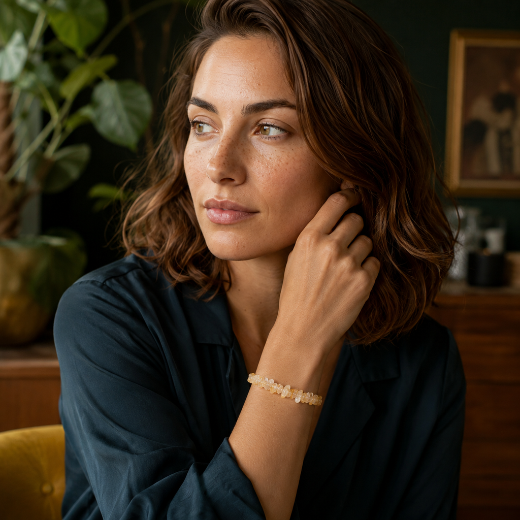 Bracelet en citrine chauffée porté avec un haut bleu pétrole dans une scène de vie