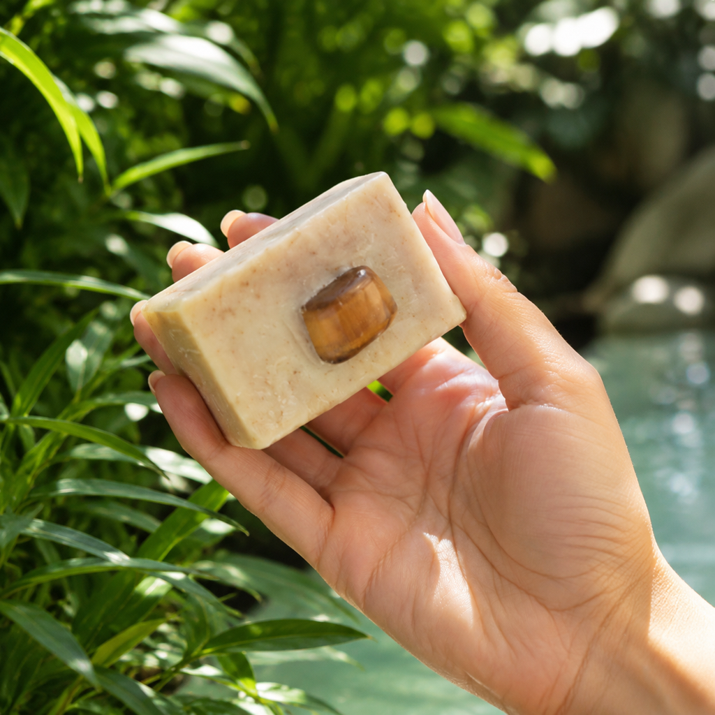 Savon verveine tenu en main devant un feuillage vert
