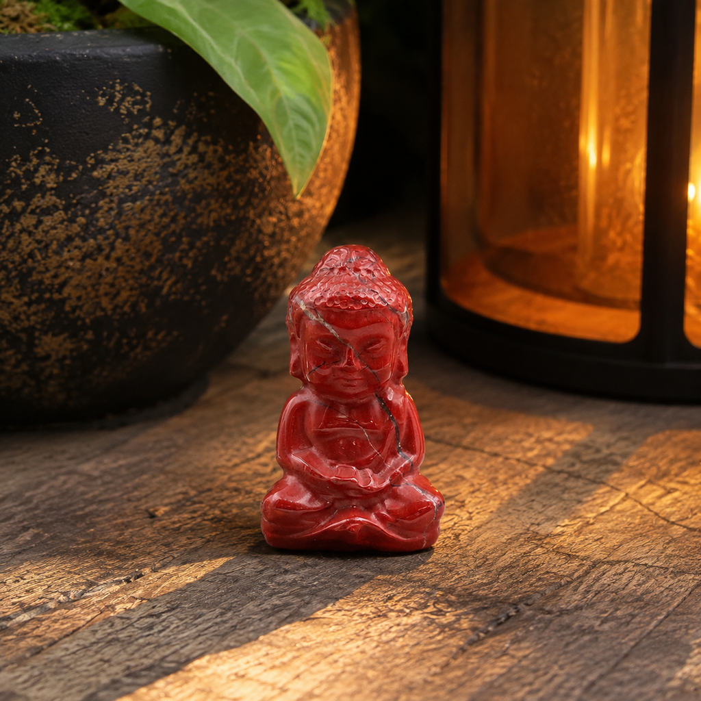 Bouddha en jaspe rouge sur bois près d'un pot et d'une lanterne