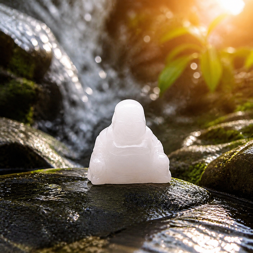 Petit Bouddha en cristal de roche posé près de l'eau et de la végétation
