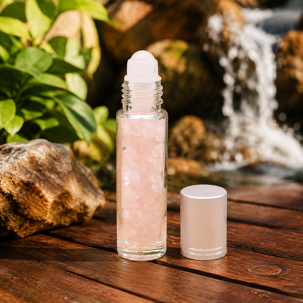 Flacon roll-on en quartz rose dans une scène colorée et végétalisée