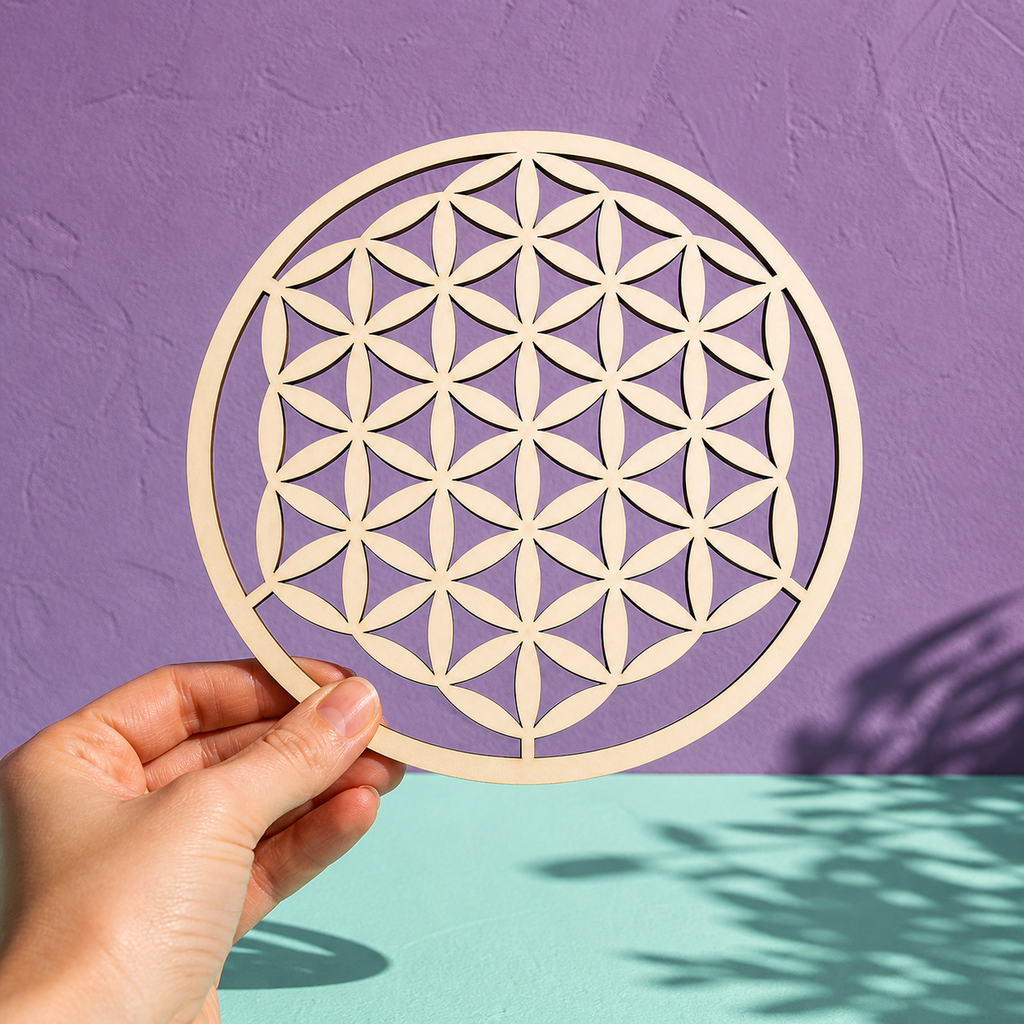 Plaque Fleur de Vie découpée en bois - 20 cm dans un contexte vivant et contrasté