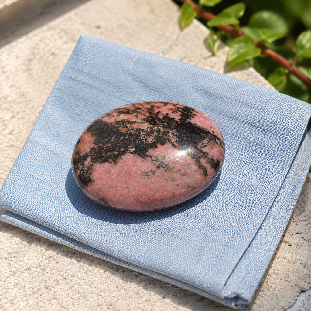 Pierre roulée en rhodonite - Galet de 45 mm posé sur du lin en lumière naturelle