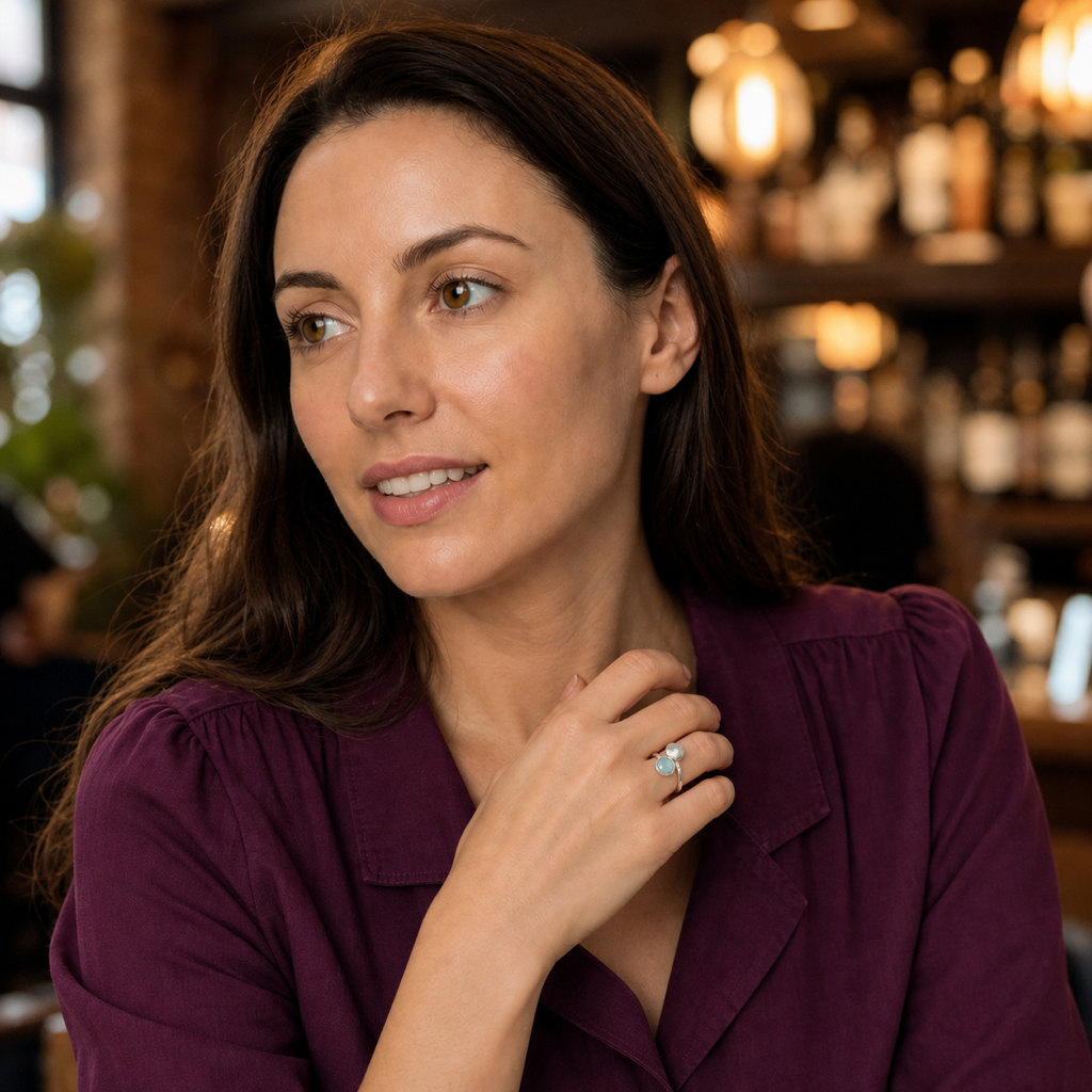 Elena portant la bague en argent 925 et aigue-marine dans une scene de vie contrastee