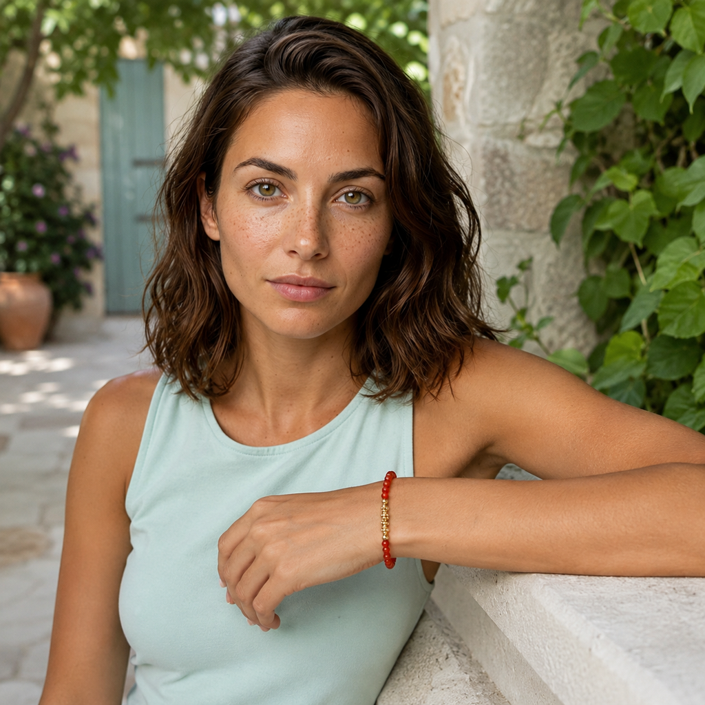 Bracelet doré en cornaline facettée porté dans une scène de vie en lumière naturelle