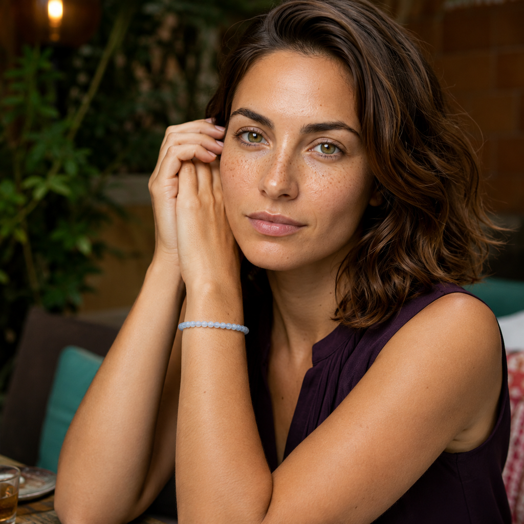 Bracelet en aigue-marine porté sur peau nue dans un intérieur végétalisé
