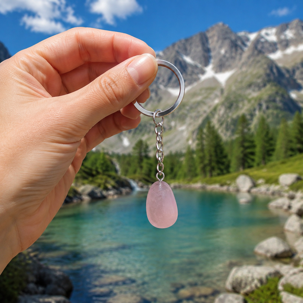 Porte-clés en quartz rose tenu devant un paysage végétalisé