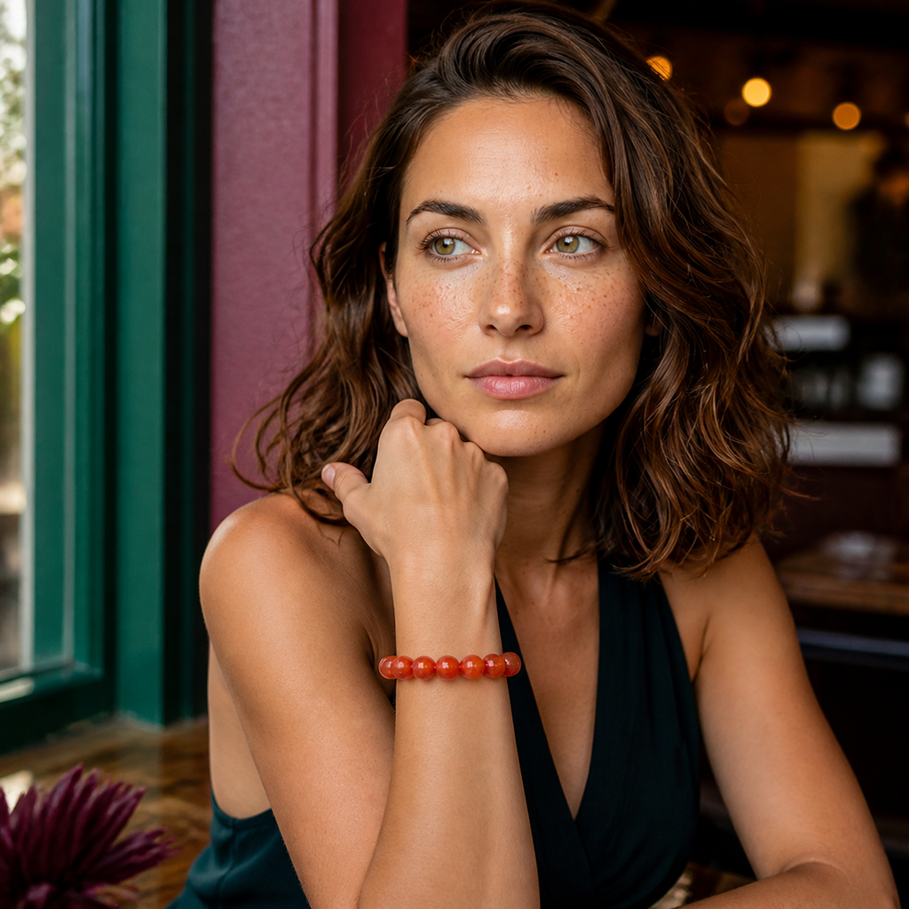 Bracelet en cornaline au poignet avec un haut bleu pétrole près d’une fenêtre
