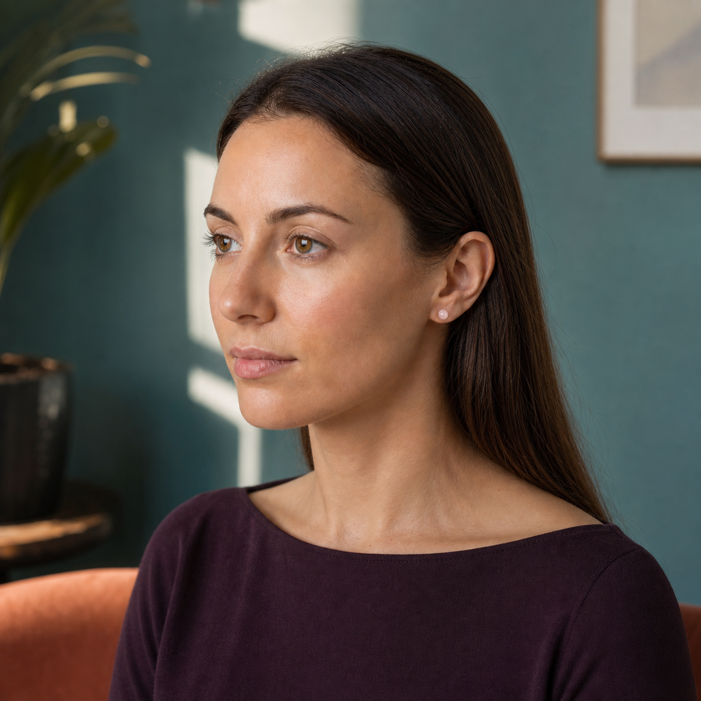 Elena portant les boucles d'oreilles dans une scène de vie contrastée