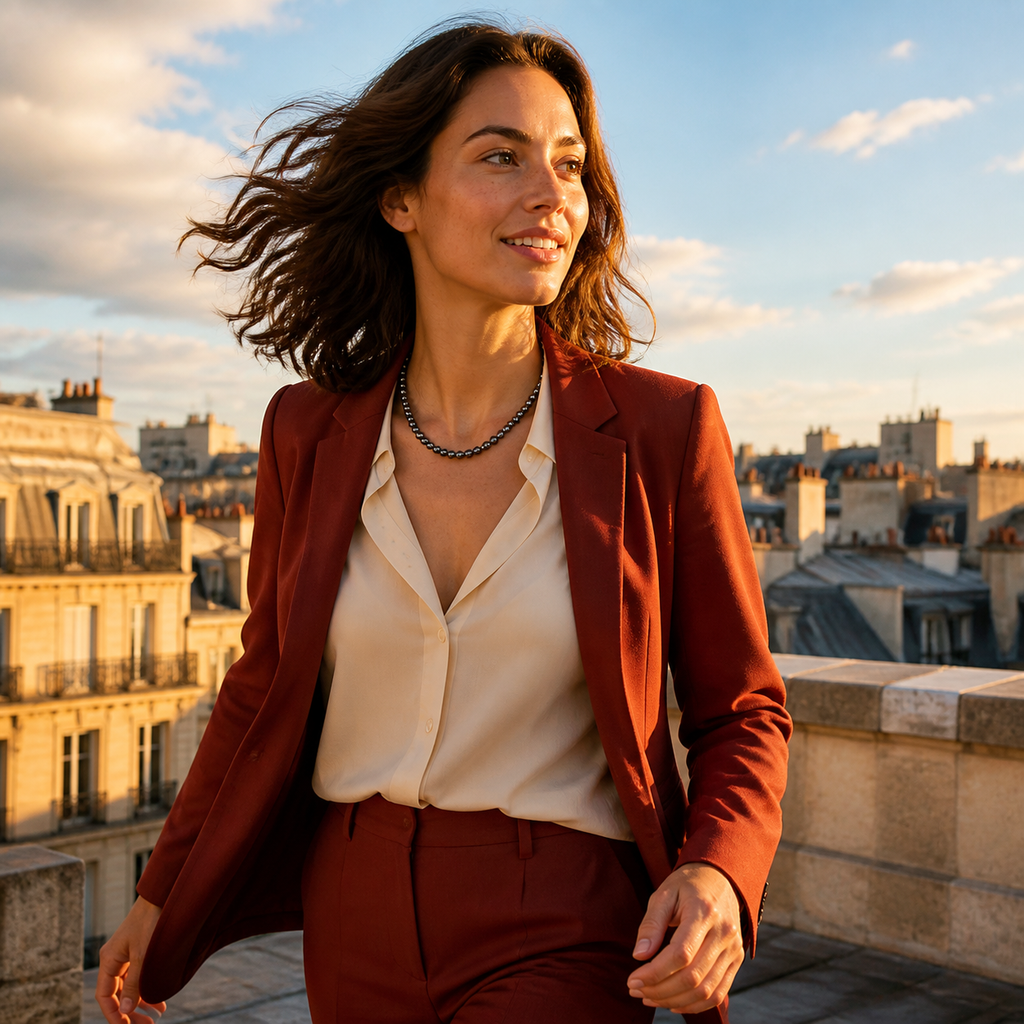 Chloé portant le collier dans une scène de vie contrastée