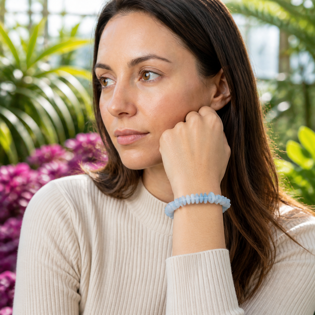 Bracelet baroque en aigue-marine du Brésil AA - 16 à 18 cm, mise en situation vive et contrastée