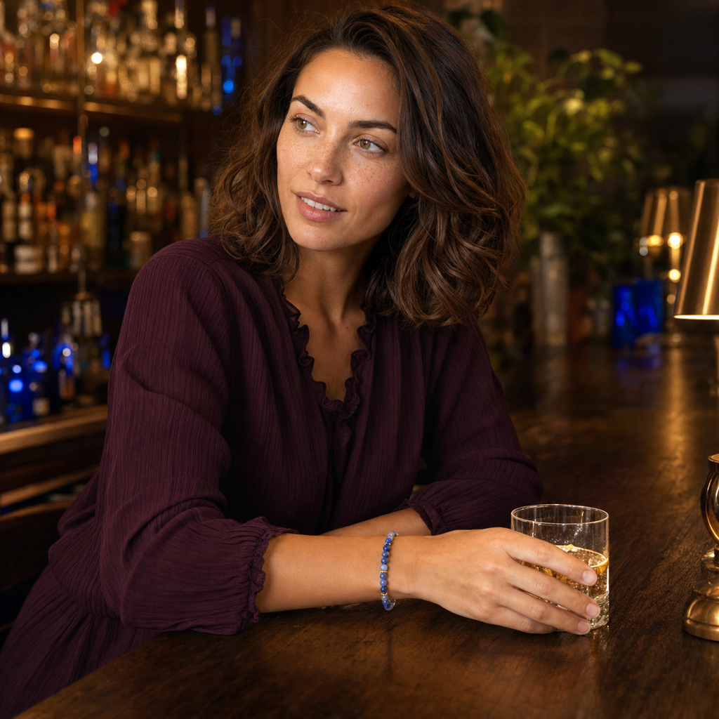 Chloé portant le bracelet dans une scène de vie contrastée