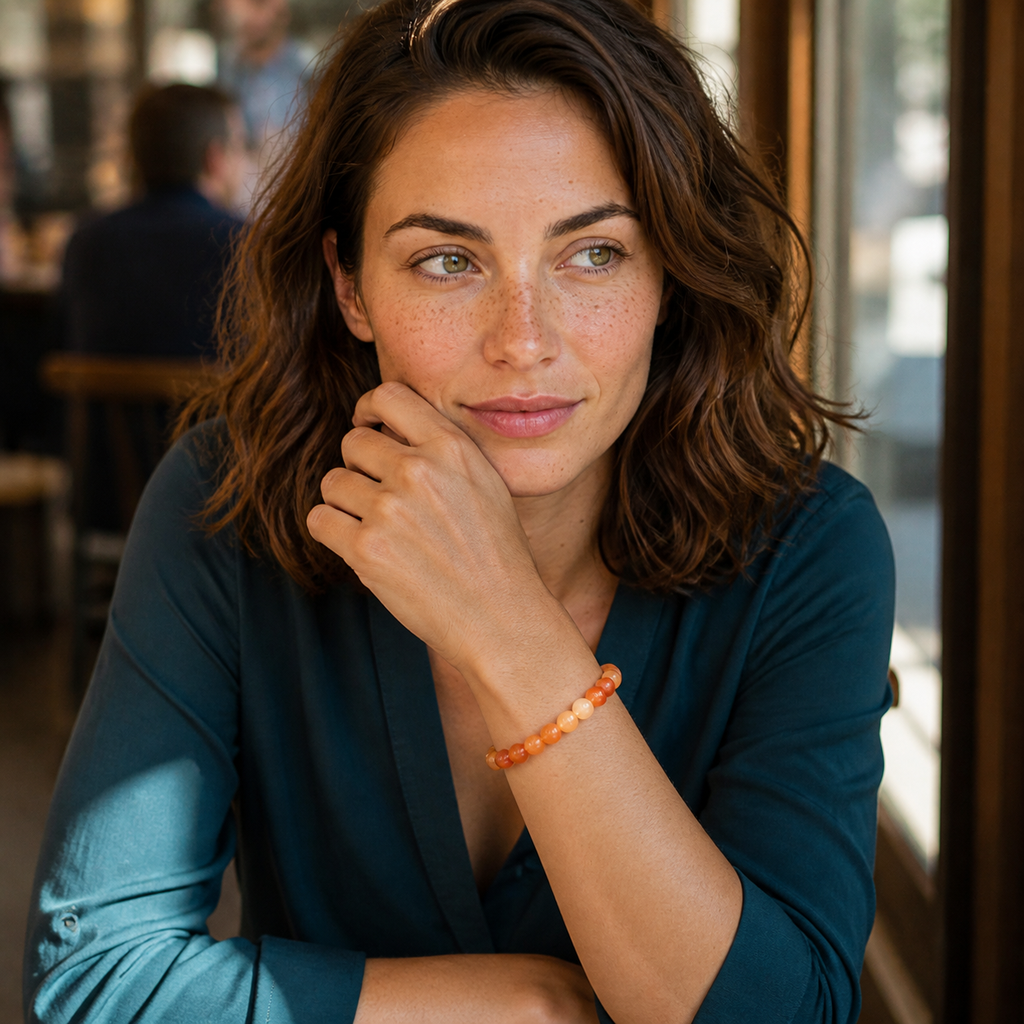 Chloé portant le bracelet dans une scène de vie contrastée