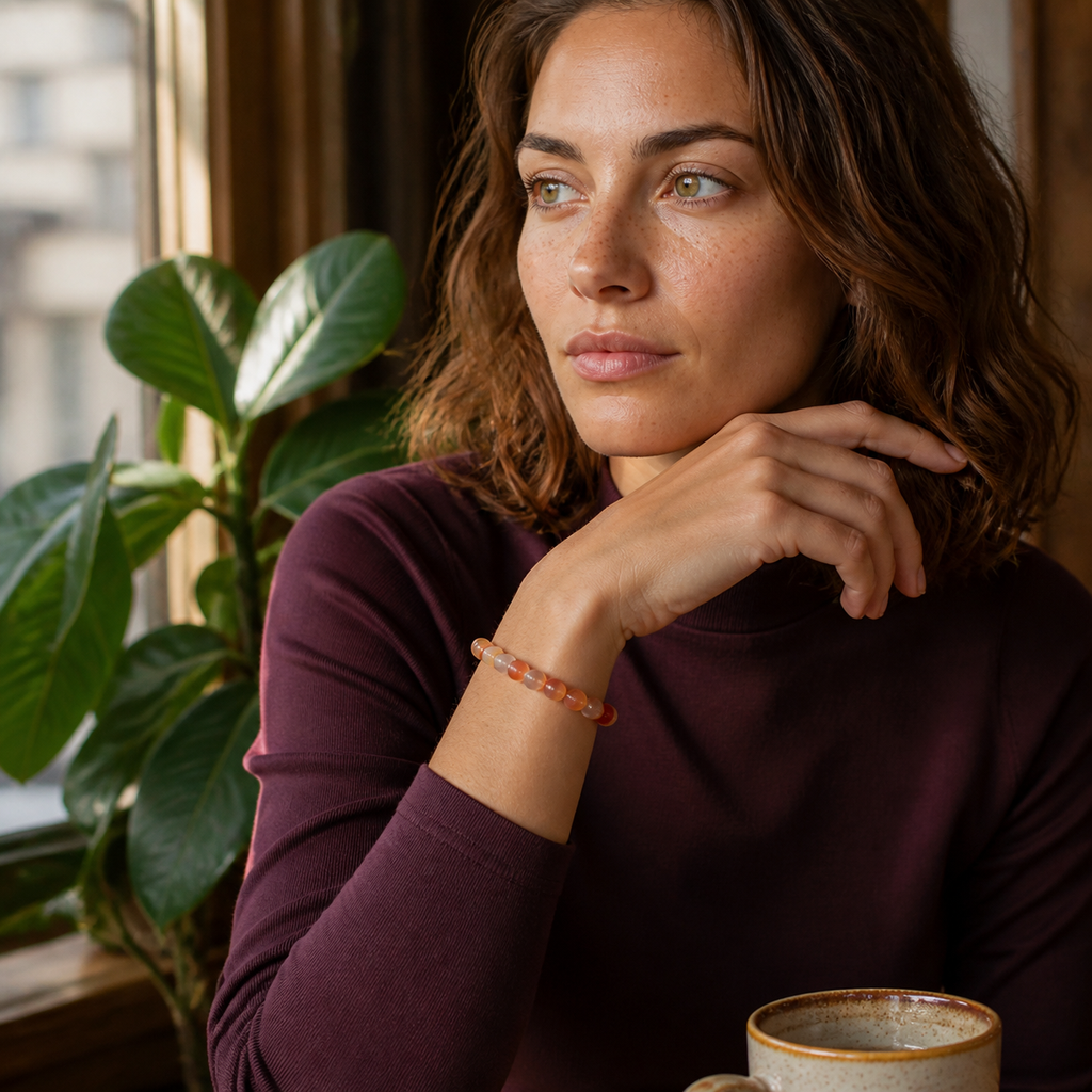 Bracelet en cornaline - Perles de 6 mm, porté dans une scène de vie contrastée