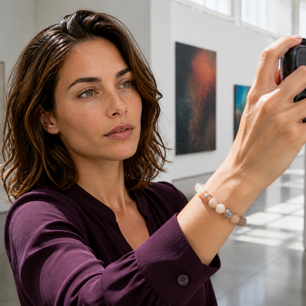 Chloé portant le bracelet dans une scène de vie contrastée