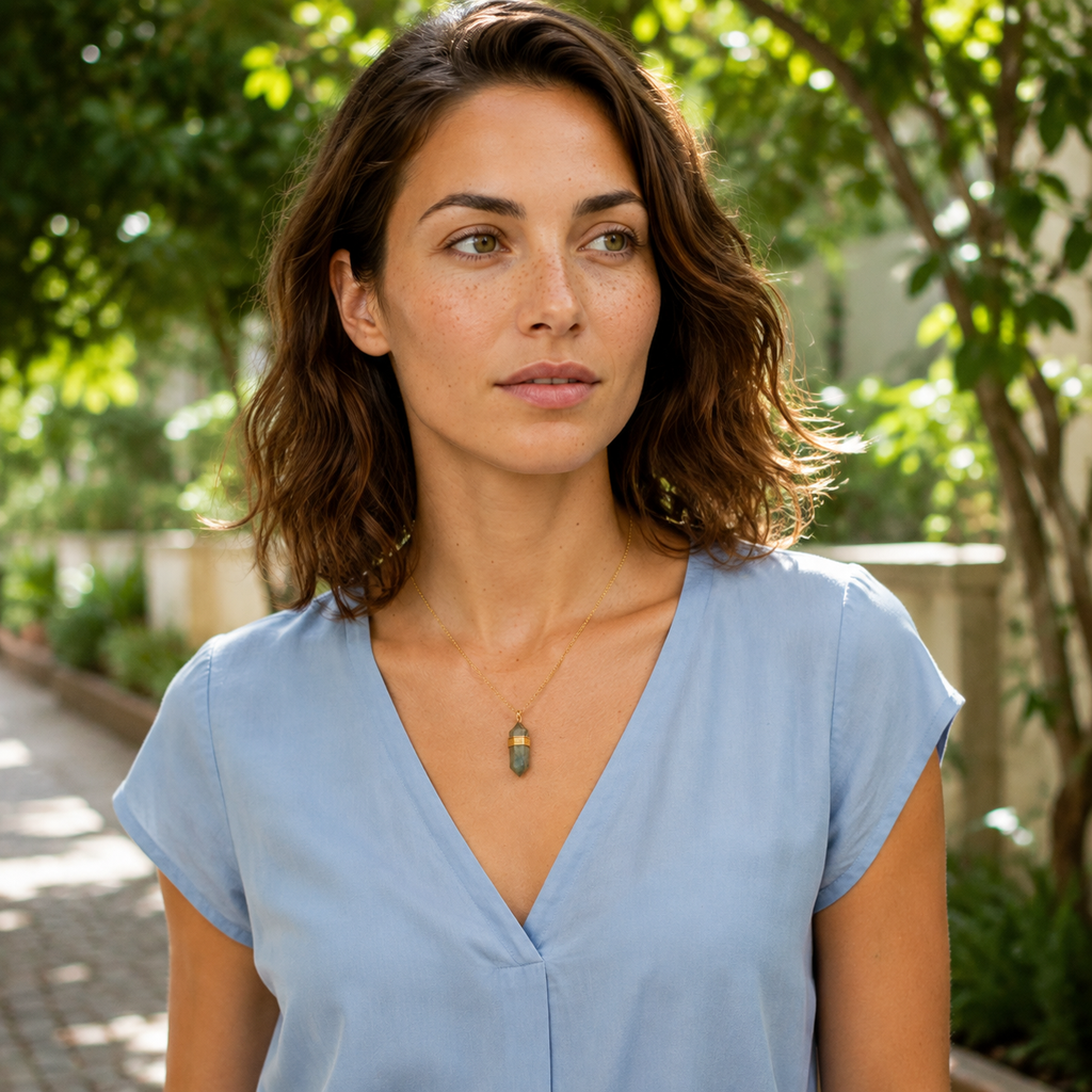 Collier doré en labradorite porté dans une scène de vie en lumière naturelle