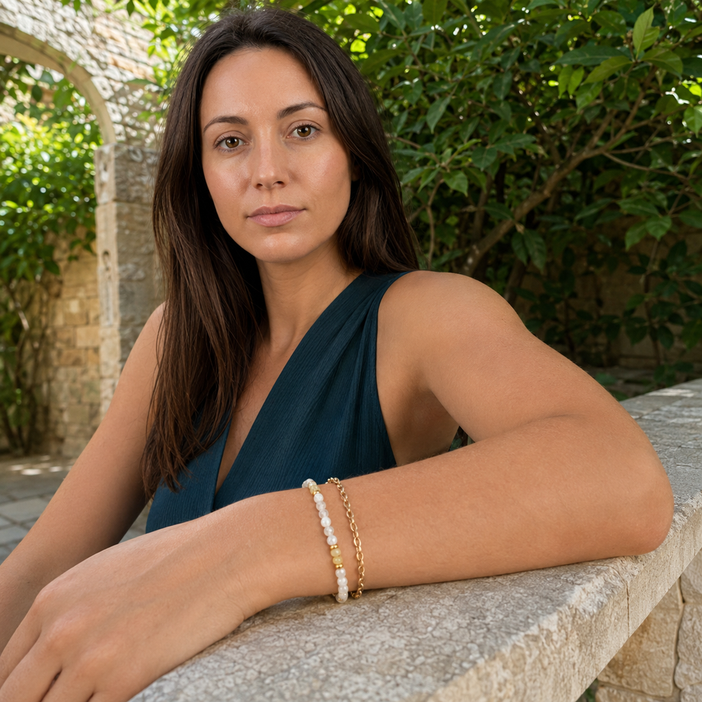 Bracelet doré en nacre et pierre de lune porté dans une scène de vie en lumière naturelle