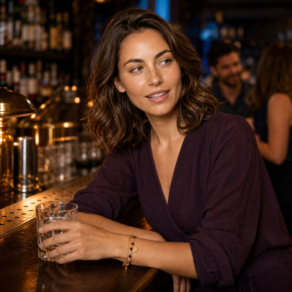 Chloé portant le bracelet Iris dans un bar élégant à la lumière chaude