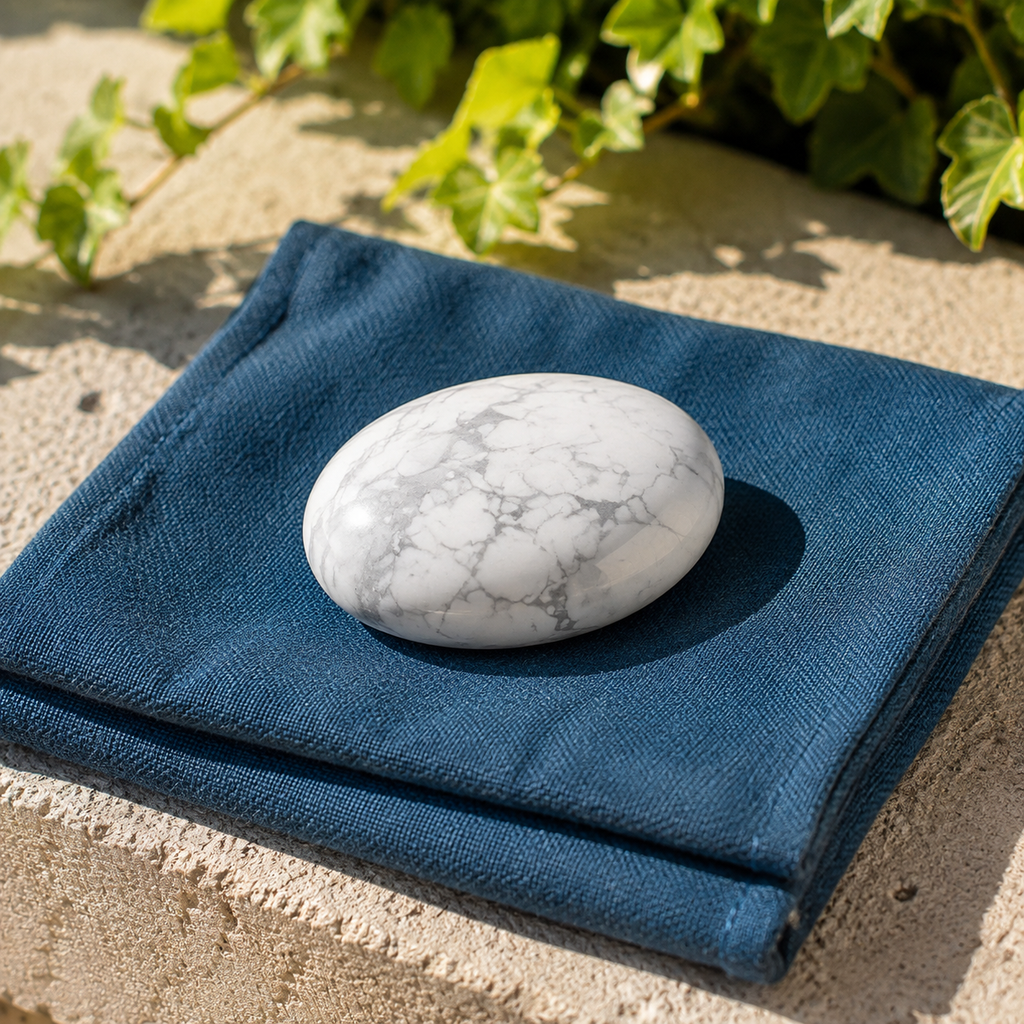 Pierre roulée en howlite blanche - Galet de 45 mm posé sur du lin en lumière naturelle