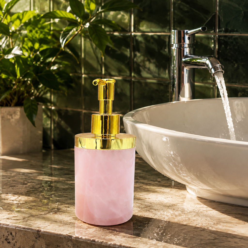 Distributeur en quartz rose au bord d'un lavabo devant un carrelage vert