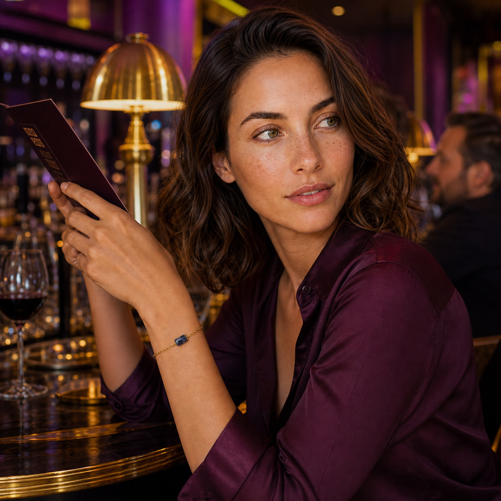 Chloé portant le bracelet dans une scène de vie contrastée