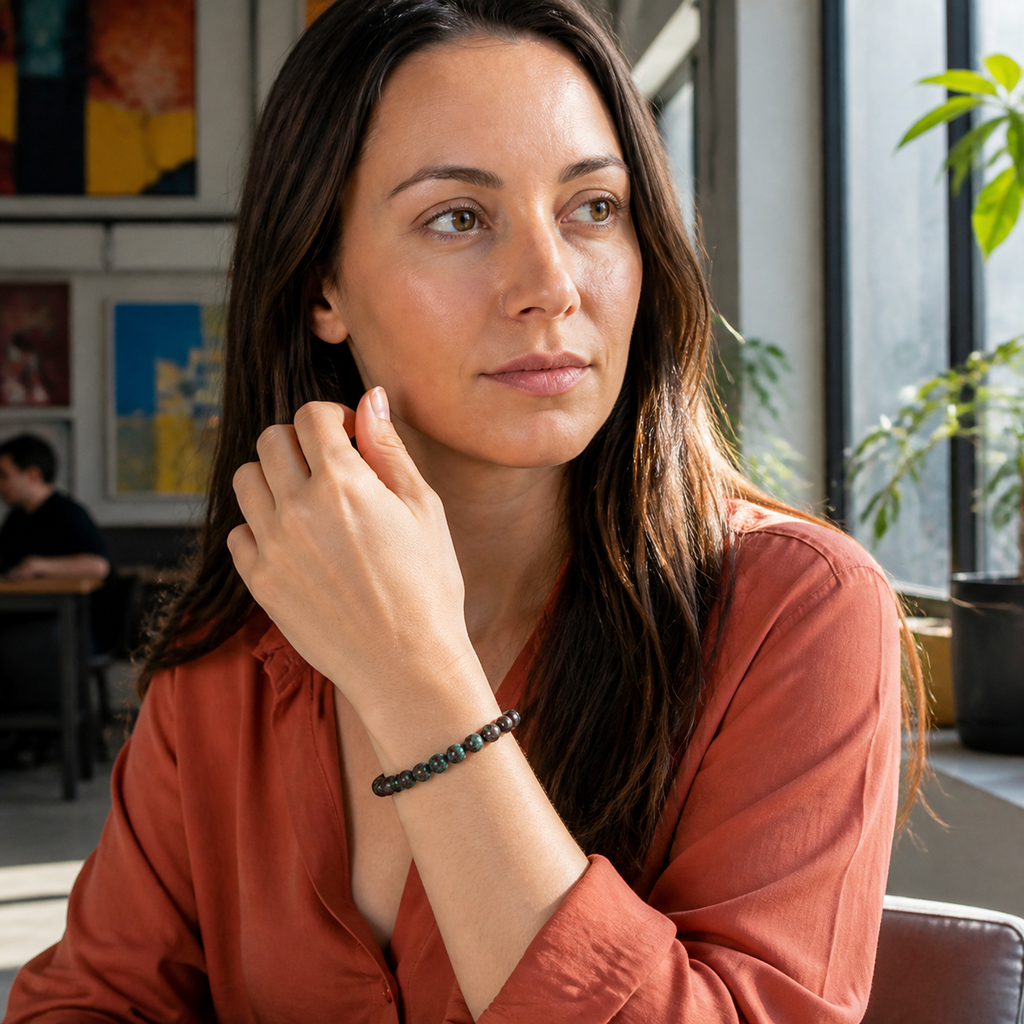 Elena portant le bracelet dans une scène de vie contrastée