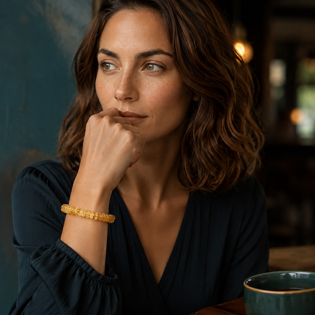 Bracelet en ambre jaune porté avec un haut bleu pétrole dans une scène de vie