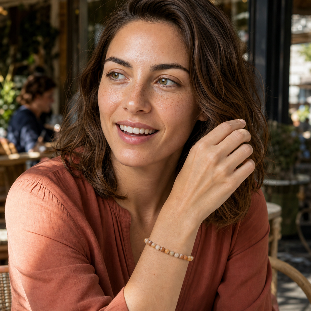 Chloé portant le bracelet dans une scène de vie contrastée